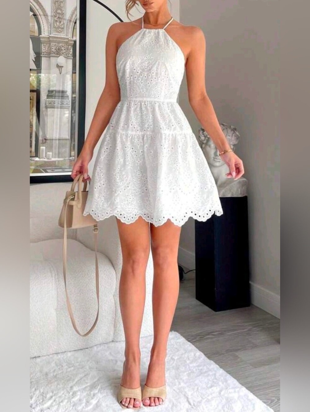 New Boho Embroidered Eyelet Lace Tie Halter Scalloped Hem Short Dress White - Picture 3 of 8